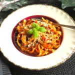 Pasta med lövbiff och rostade grönsaker