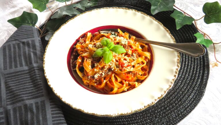 Pasta med lövbiff och rostade grönsaker