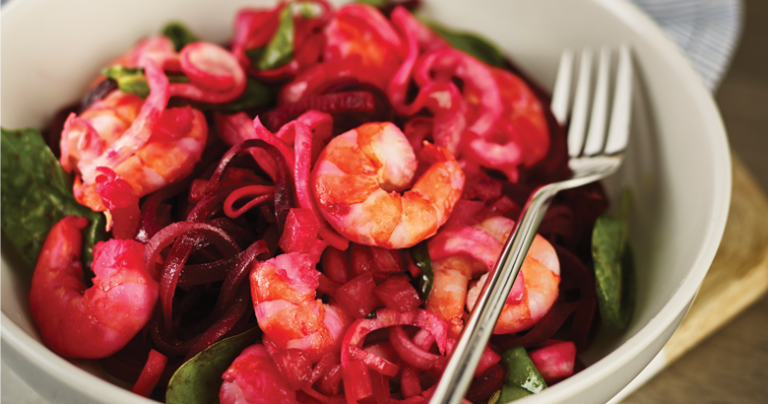 Beetroot and Celeriac Linguine with Prawn hero